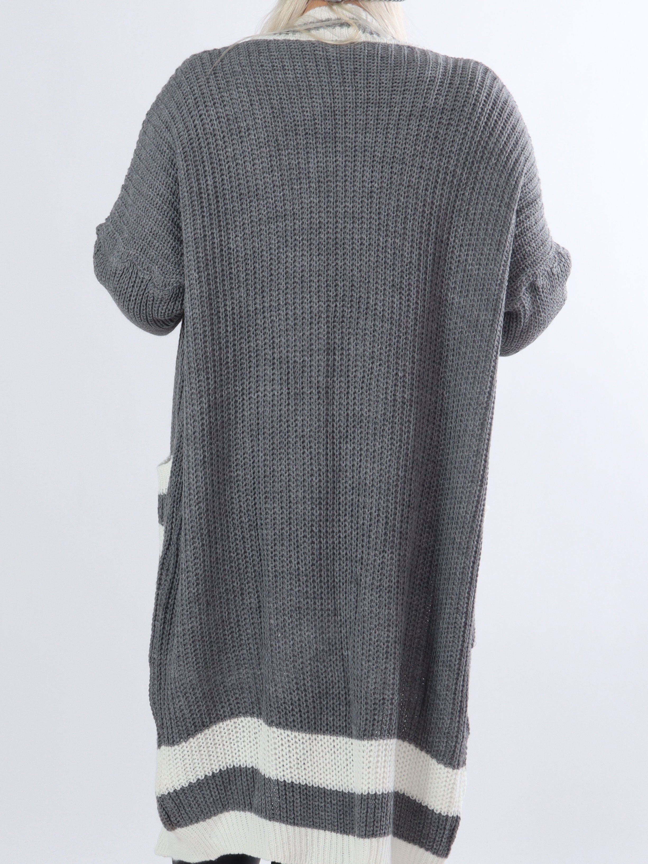 Kit - Lang plus size cardigan i strik med hvid stribe